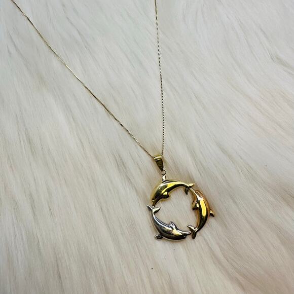 Sterling Silver Dolphin Circle Pendant Necklace on Chain 925 1/7 10K - Picture 1 of 8